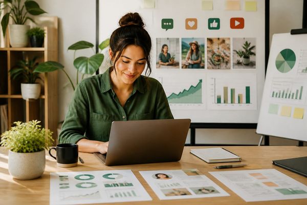 Small business owner planning social media marketing strategy on a laptop