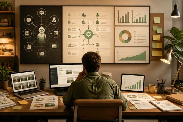 agent system automates entrepreneur workload AI search briefing workspace with query map, ads dashboard, and source checklist