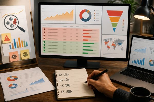 AI assistant traffic audit dashboard with bot log table, verified crawler ranges, referrer funnel, and social growth metrics board