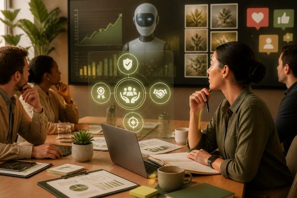 Social media marketer reviewing trust signals on a dashboard with AI icons