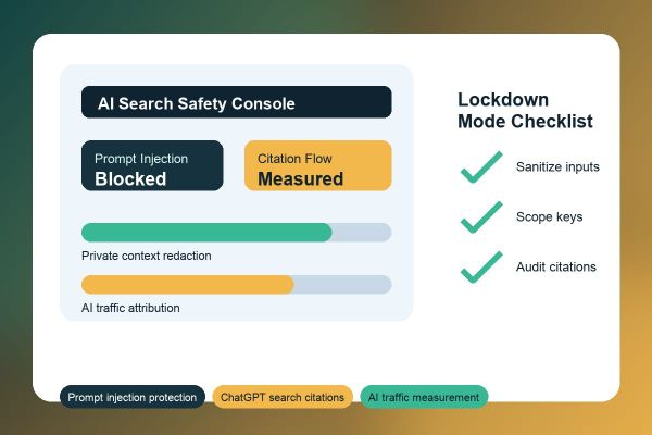 AI search safety dashboard with OpenAI Lockdown Mode prompt injection checklist and citation traffic measurement workflow