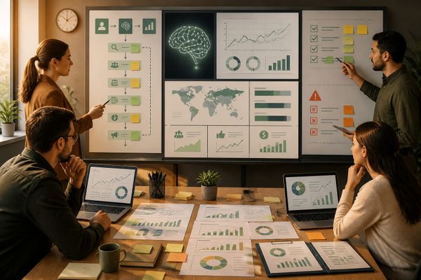 your thinking partner workflow kpis AI search briefing workspace with query map, ads dashboard, and source checklist