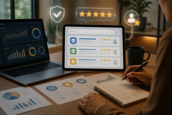 Illustration of AI search results with trust badges and review stars