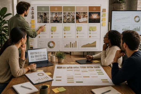 Creator channel planning board with Buffer content pillars, platform shortlist, calendar queue, and social media analytics dashboard