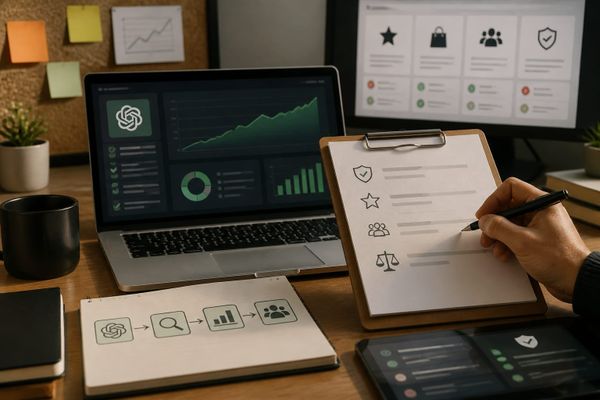 chatgpt raccomandazioni come aumentano visite AI search briefing workspace with query map, ads dashboard, and source checklist