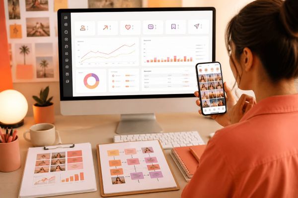 metricool informes personalizados instagram para creator phone desk with Reels planning calendar and metrics dashboard