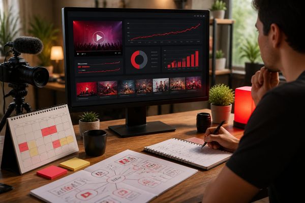 YouTube channel analytics dashboard with campaign overlays and performance charts