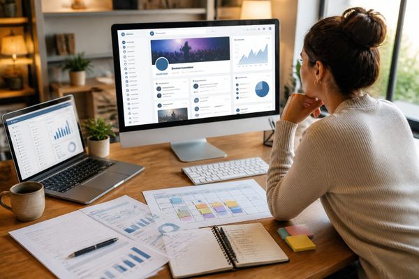 Creator working on Facebook page with AI suggestions on screen