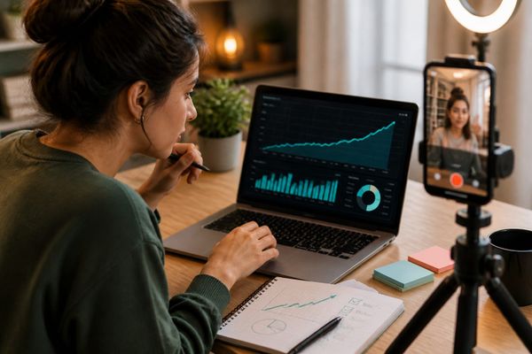 Content creator analyzing TikTok follower growth metrics on a laptop