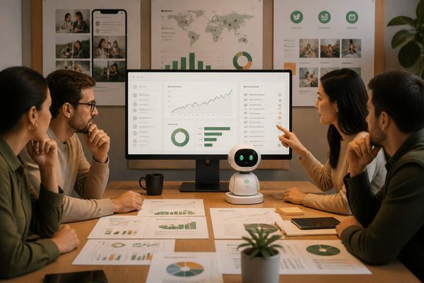 Google Ad Manager AI bot dashboard with paid social campaign metrics and troubleshooting checklist for social media marketing teams