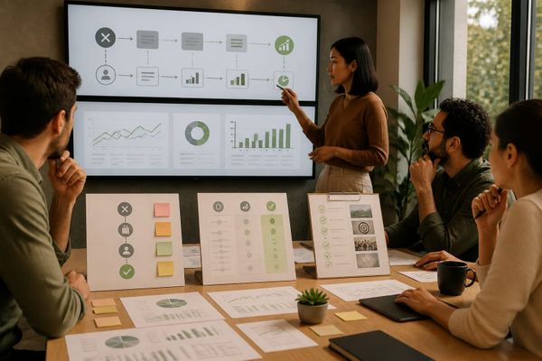 google campaigns compare workflow reporting AI search briefing workspace with query map, ads dashboard, and source checklist
