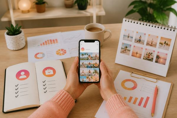 strategia crescita instagram guida pratica creator phone desk with Reels planning calendar and metrics dashboard
