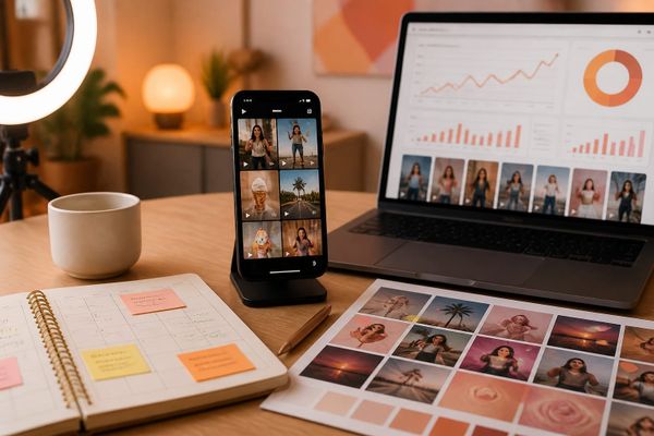 como encontrar tendencias actuales reels creator phone desk with Reels planning calendar and metrics dashboard