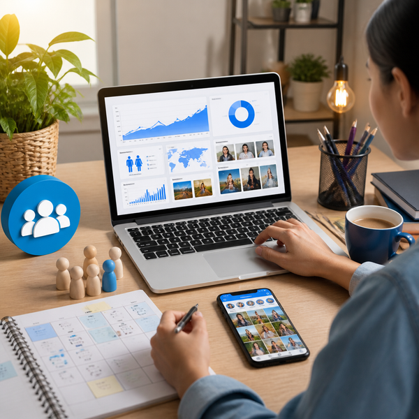 Person managing Facebook business page growth on a laptop