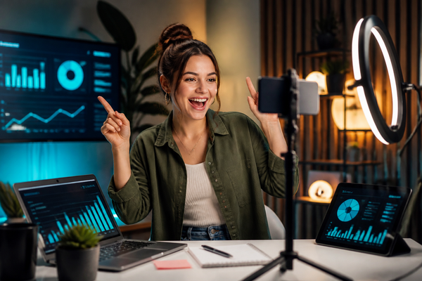 estrategia crecimiento tiktok tacticas para short-form creator studio with posting calendar and engagement metrics board