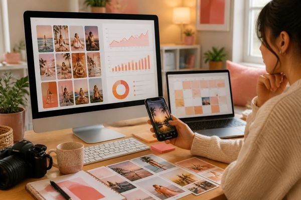 publicar historias instagram desde escritorio creator phone desk with Reels planning calendar and metrics dashboard