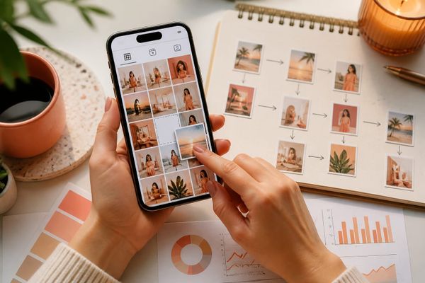guia para reordenar grid instagram creator phone desk with Reels planning calendar and metrics dashboard