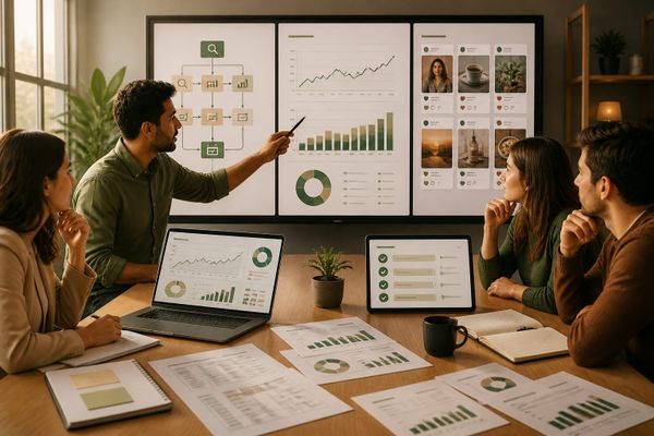 claude para analitica redes sociales AI search briefing workspace with query map, ads dashboard, and source checklist