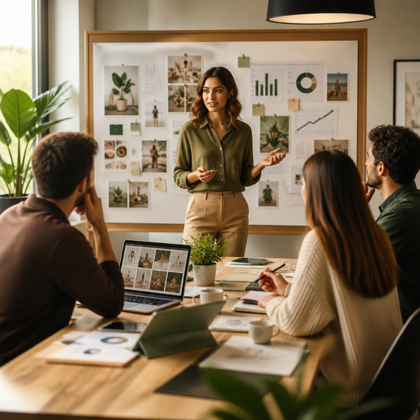 Tablero de Pinterest con pines de producto y métricas de engagement en pantalla