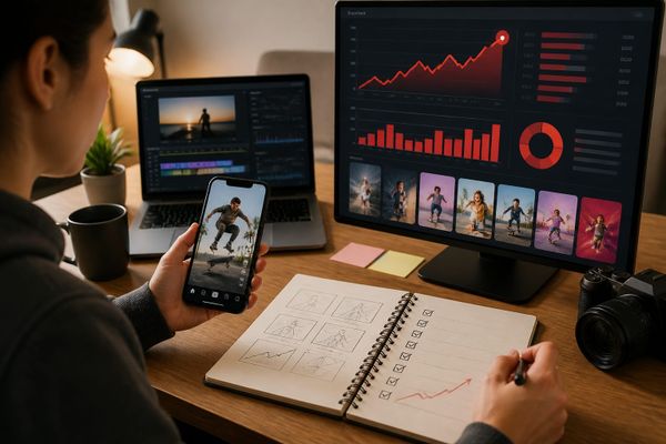 actualizando experiencia youtube shorts guia video planning desk with performance dashboard and creator workflow board