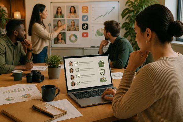 Person reviewing influencer payment checklist on laptop with social media icons