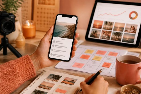 instagram guia para usar varias creator phone desk with Reels planning calendar and metrics dashboard