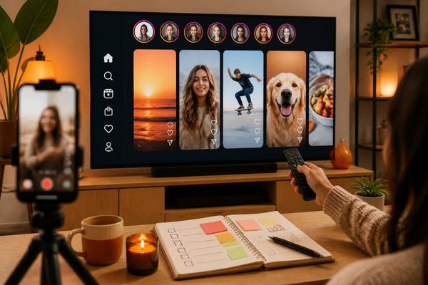 expansion instagram samsung guia para creator phone desk with Reels planning calendar and metrics dashboard