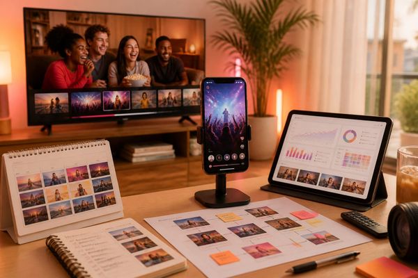 instagram para programar replays checklist creator phone desk with Reels planning calendar and metrics dashboard