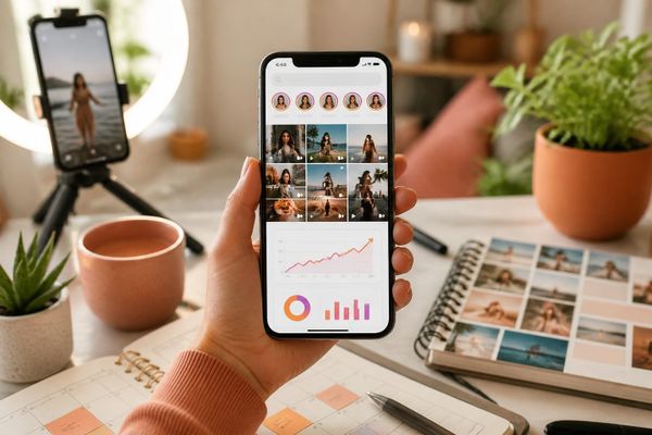 estrategia crecimiento instagram guia para creator phone desk with Reels planning calendar and metrics dashboard