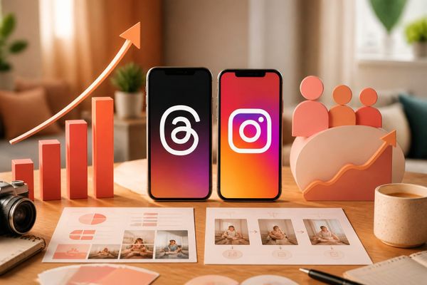 nuevas funciones threads impacto estrategia creator phone desk with Reels planning calendar and metrics dashboard