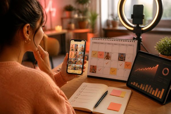 instagram wants monopolize your attention creator phone desk with Reels planning calendar and metrics dashboard