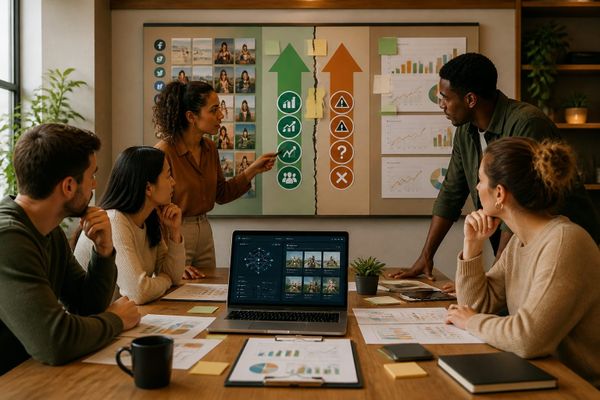 existe brecha equipo redes sociales creator workspace with metrics dashboard, planning checklist, and campaign board