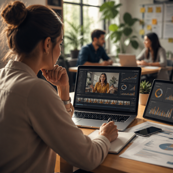 Marketer reviewing LinkedIn creator video ad metrics on a laptop