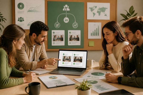 Team collaborating on LinkedIn Collab Posts on a laptop screen
