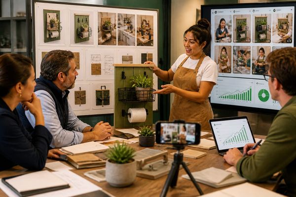 Creator pitching a hardware product concept to retail buyers at Lowe's