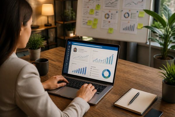Person using LinkedIn on a laptop with analytics on screen