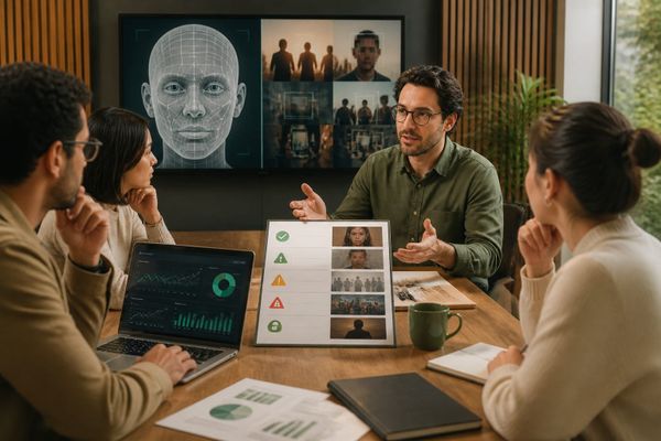 meta facial recognition stance risks policy briefing desk with safety checklist and moderation dashboard