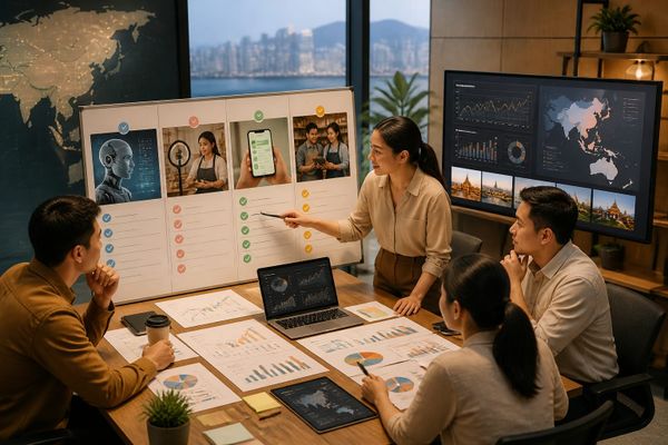 Meta Growth Academy 2026 planning dashboard with AI adoption checklist, Reels training lane, WhatsApp Business support flow, and small-business social metrics