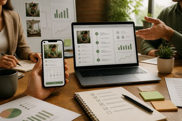 Dashboard view of Meta lead ads booking setup on a phone and laptop