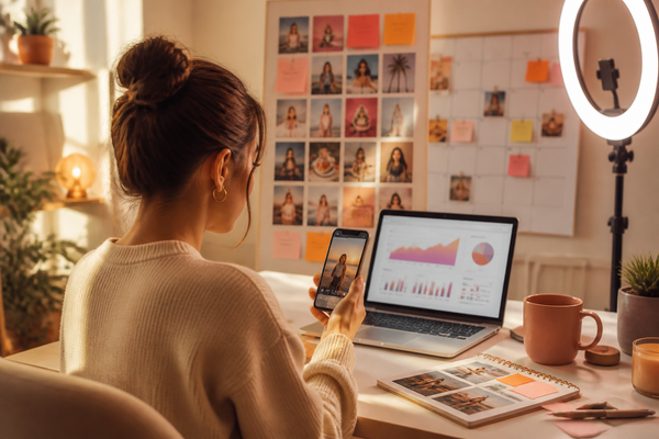 meta subscriptions instagramie zmienia strategia creator phone desk with Reels planning calendar and metrics dashboard