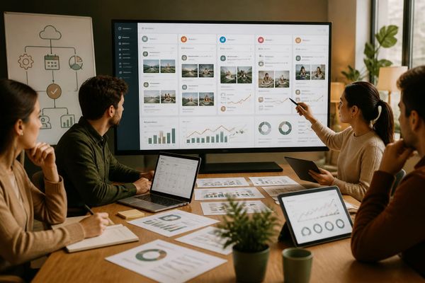 Dashboard showing multi-platform social posts scheduled across networks