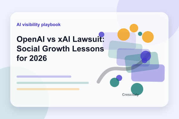 xAI vs OpenAI comparison dashboard showing Grok, ChatGPT, lawsuit timeline, AI search visibility and social media strategy.