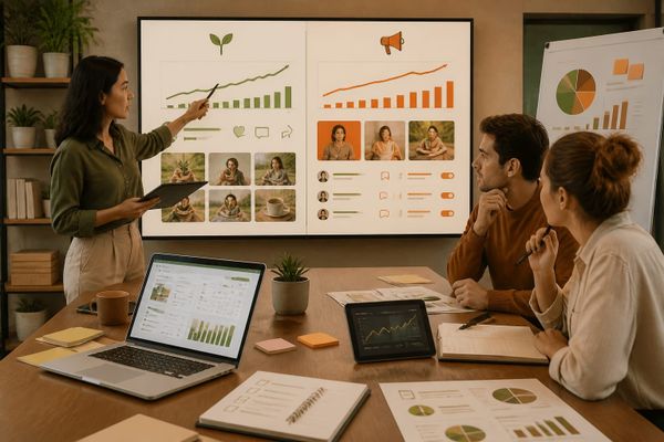 estrategia redes sociales organico pago creator workspace with metrics dashboard, planning checklist, and campaign board