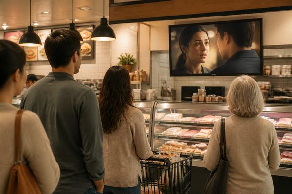 Shoppers at an Albertsons deli counter watching a short microdrama episode on an in-store screen