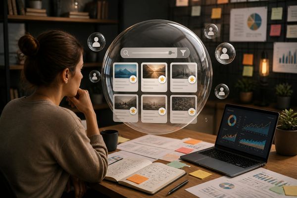 Illustration of AI search results forming a bubble around preferred sources