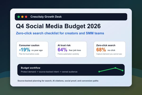 Q4 2026 social media budget dashboard with zero-click search signals, creator workflow cards and owned audience metrics