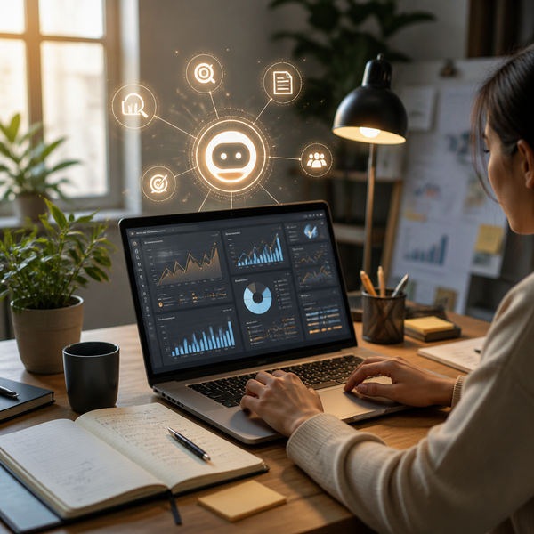 Marketer reviewing AI-generated search overview on a laptop screen