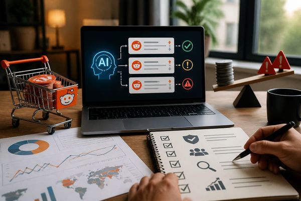 Illustration of AI search results citing Reddit posts with risk indicators
