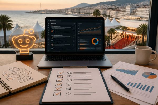 Reddit threads and AI search overlays representing community intelligence