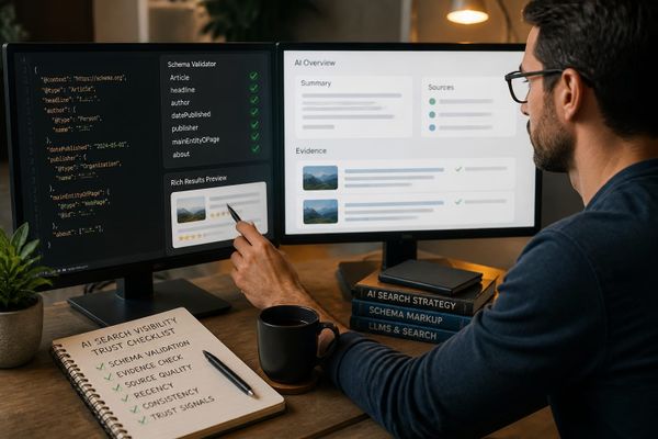Developer inspecting schema markup while AI search results display evidence snippets